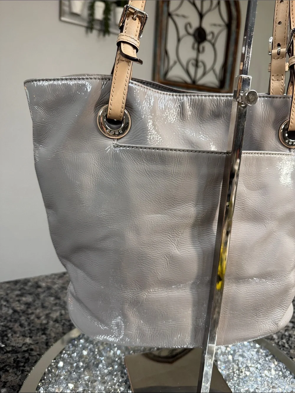 Michael Kors Light Gray Patent Tote with Beige Straps